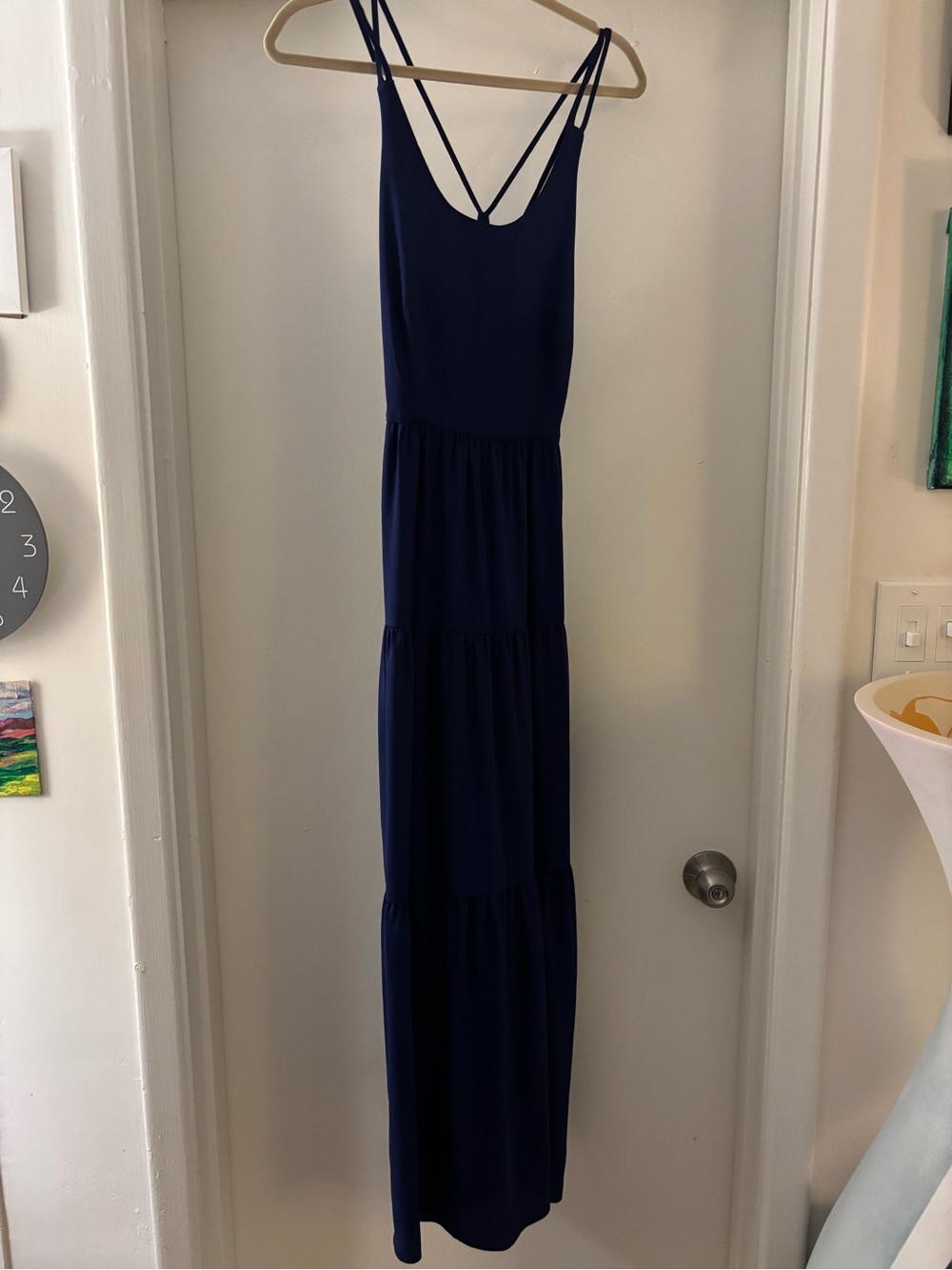 LOFT Navy Tiered Maxi Dress with Crisscross Straps